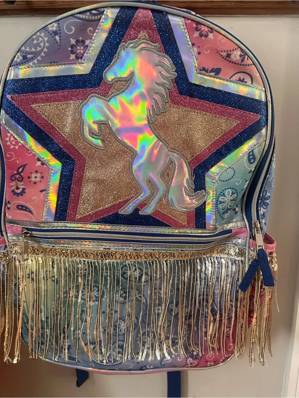 Girls Holographic Unicorn Star Fringe Backpack - Multicolor